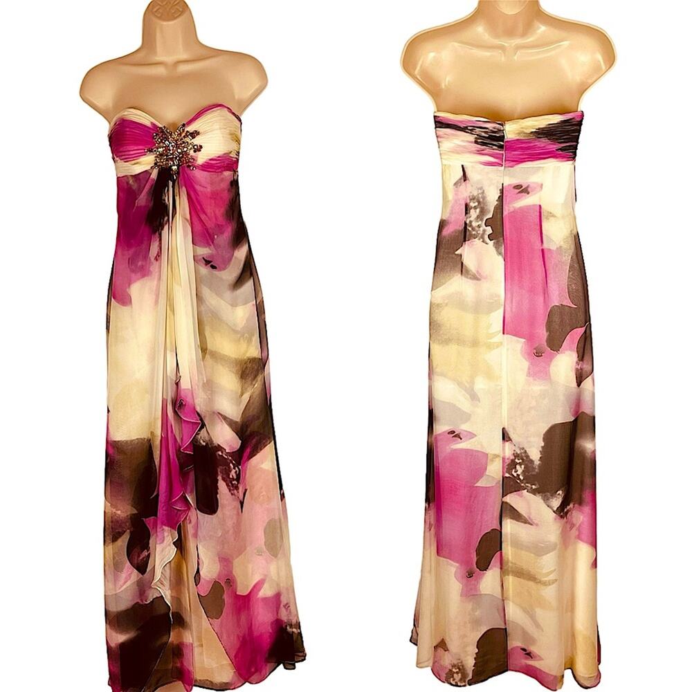 Jovani 100% Silk Chiffon Strapless Watercolor Embellished Maxi Dress Gown Size 0